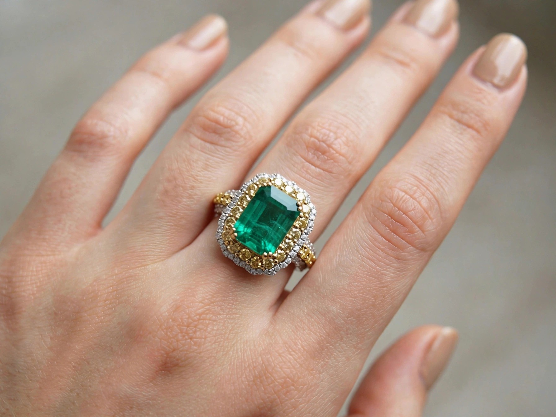 Anel em Ouro Branco 18k com Diamante e Esmeralda