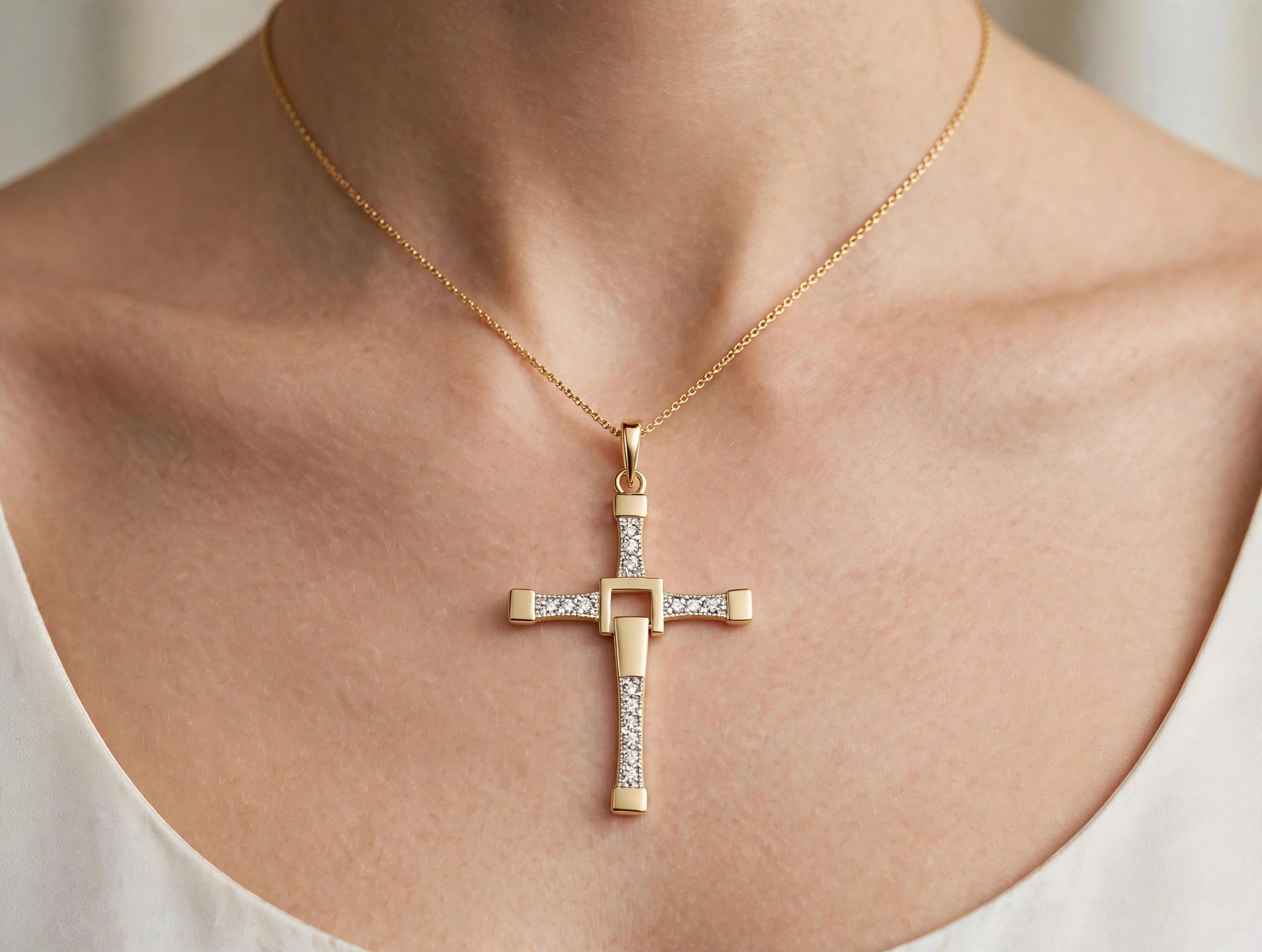 Pingente Cruz em Ouro Amarelo 18k com Diamante — vista 2