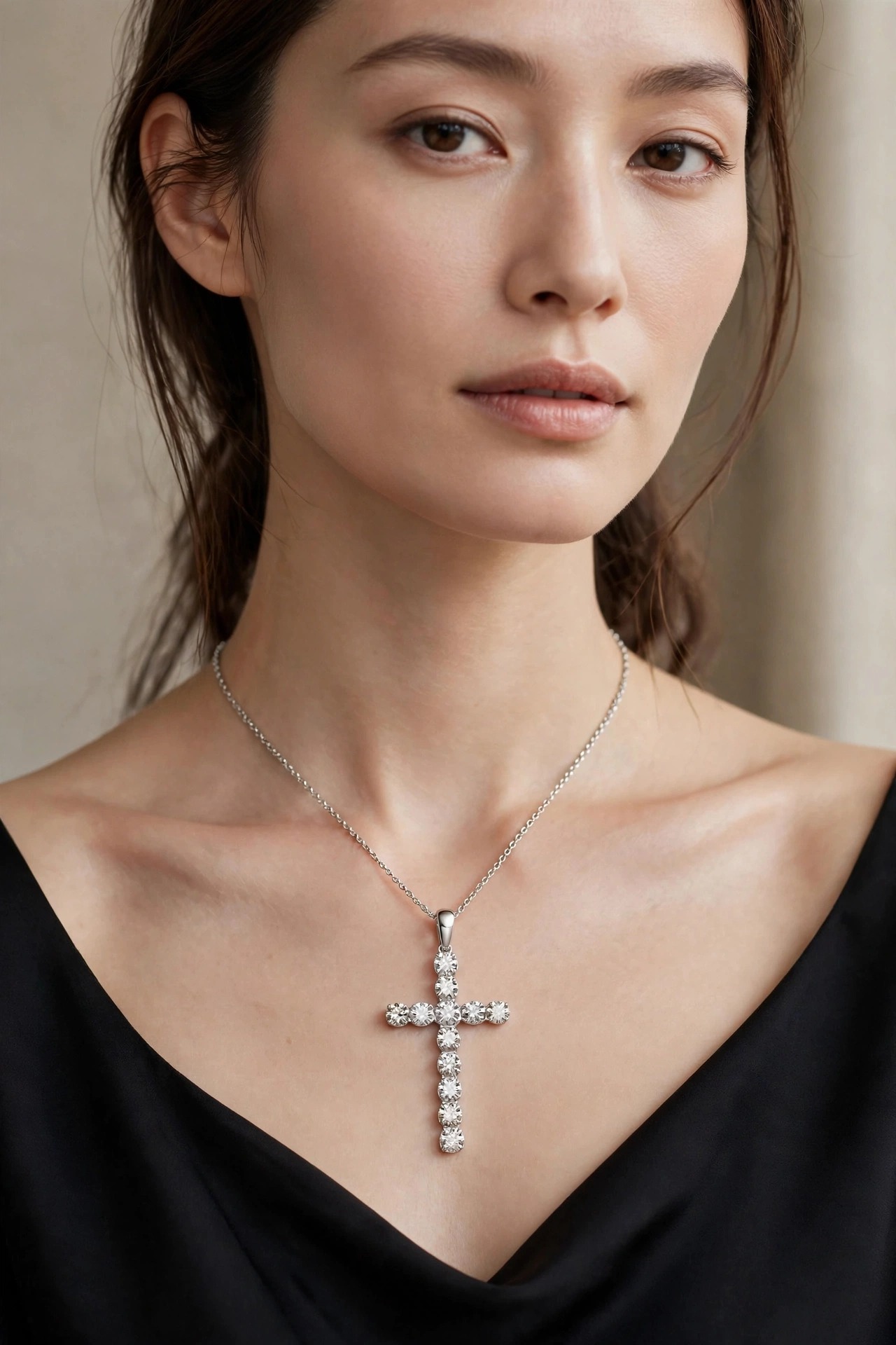 Pingente Cruz em Ouro Branco 18k com Diamante — vista 2