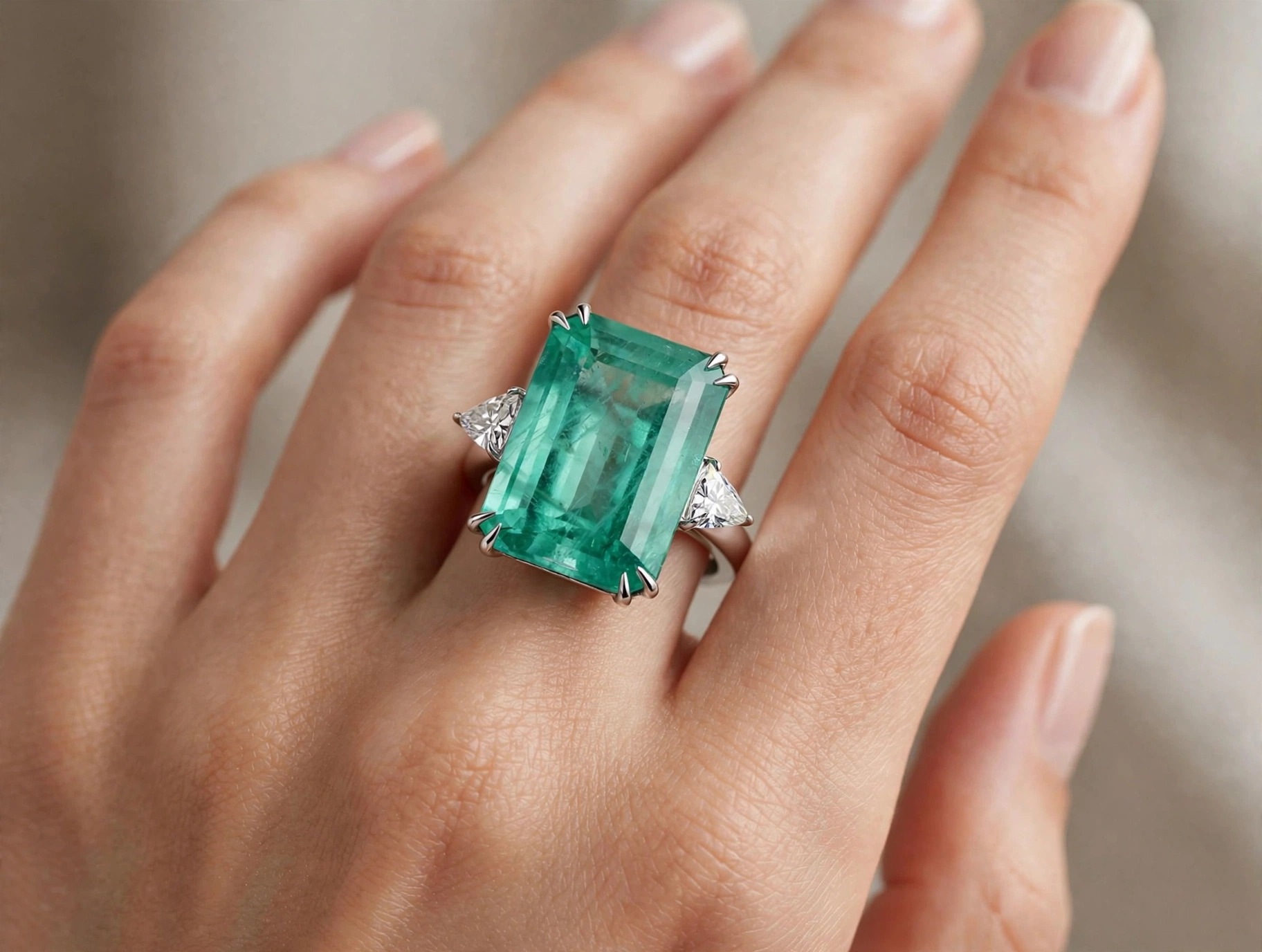 Anel em Ouro Branco 18k com Diamante e Esmeralda — vista 2