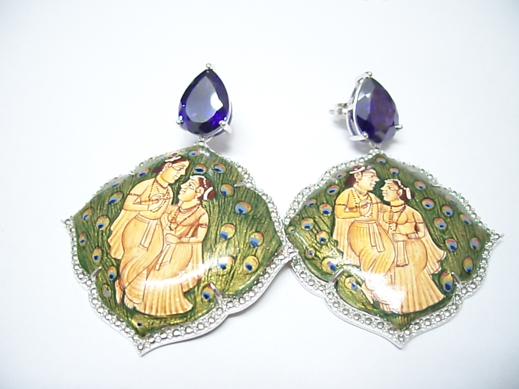 Brinco em Prata Painting e Ink Blue Cz - Mulheres Indianas