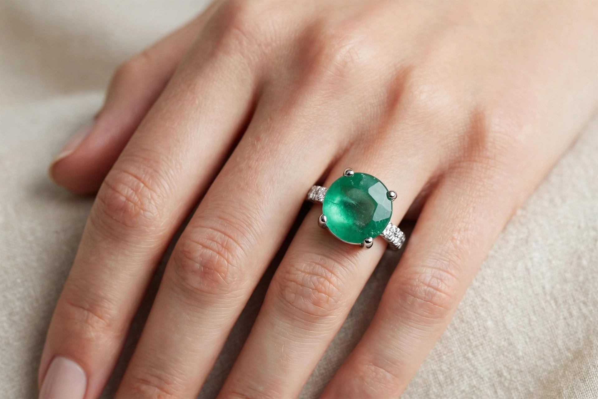 Anel em Ouro Branco 18k com Diamante e Esmeralda — vista 2