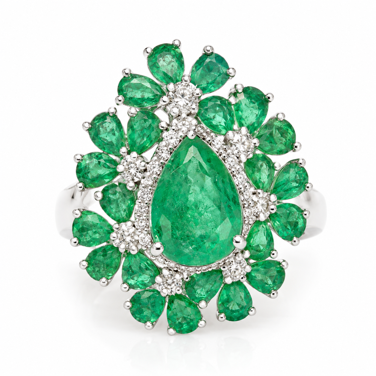 Anel em Ouro Branco 18k com Diamante e Esmeralda