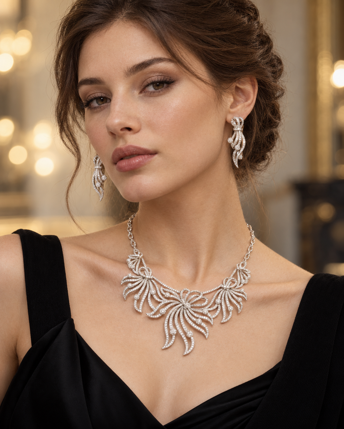 Colar e Brinco - Conjunto Ouro Branco Diamantes 11 Ct