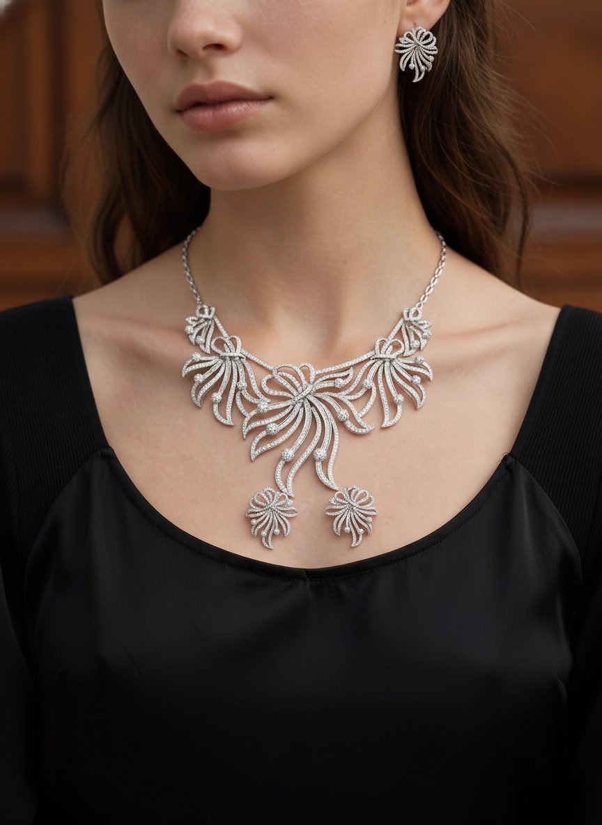 Colar e Brinco - Conjunto Ouro Branco Diamantes 11 Ct