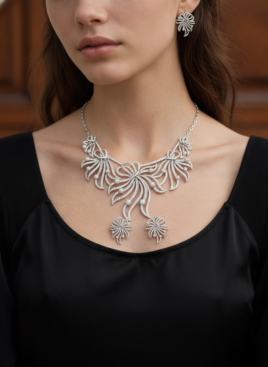 Colar e Brinco - Conjunto Ouro Branco Diamantes 11 Ct