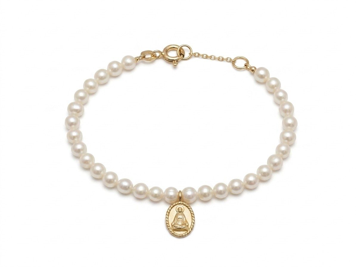 Pulseira em Ouro Amarelo 18k com Pérolas e Nossa Senhora
