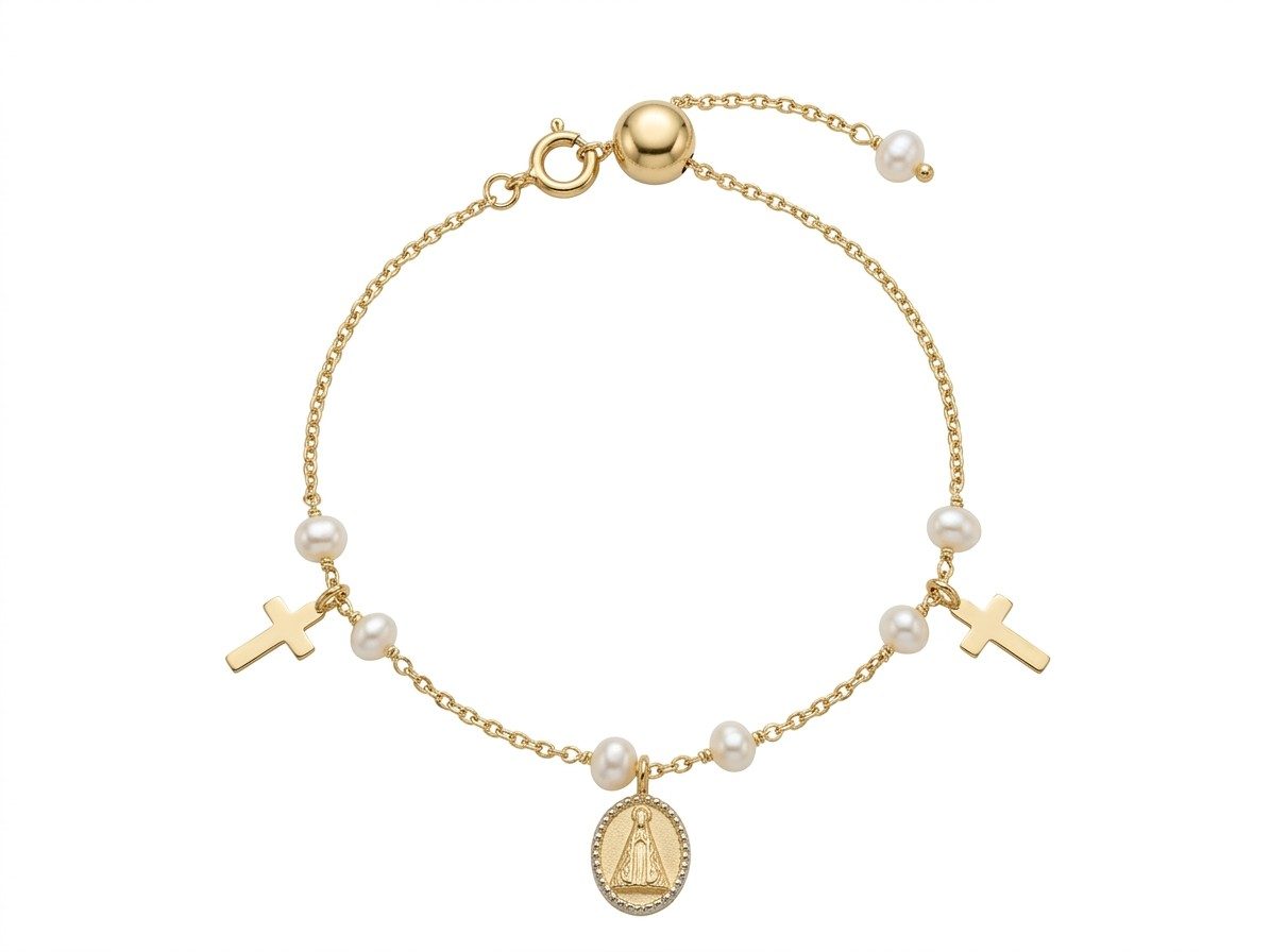 Pulseira Infantil Princess em Ouro Amarelo 18k com Pérolas, Santas e Cruz