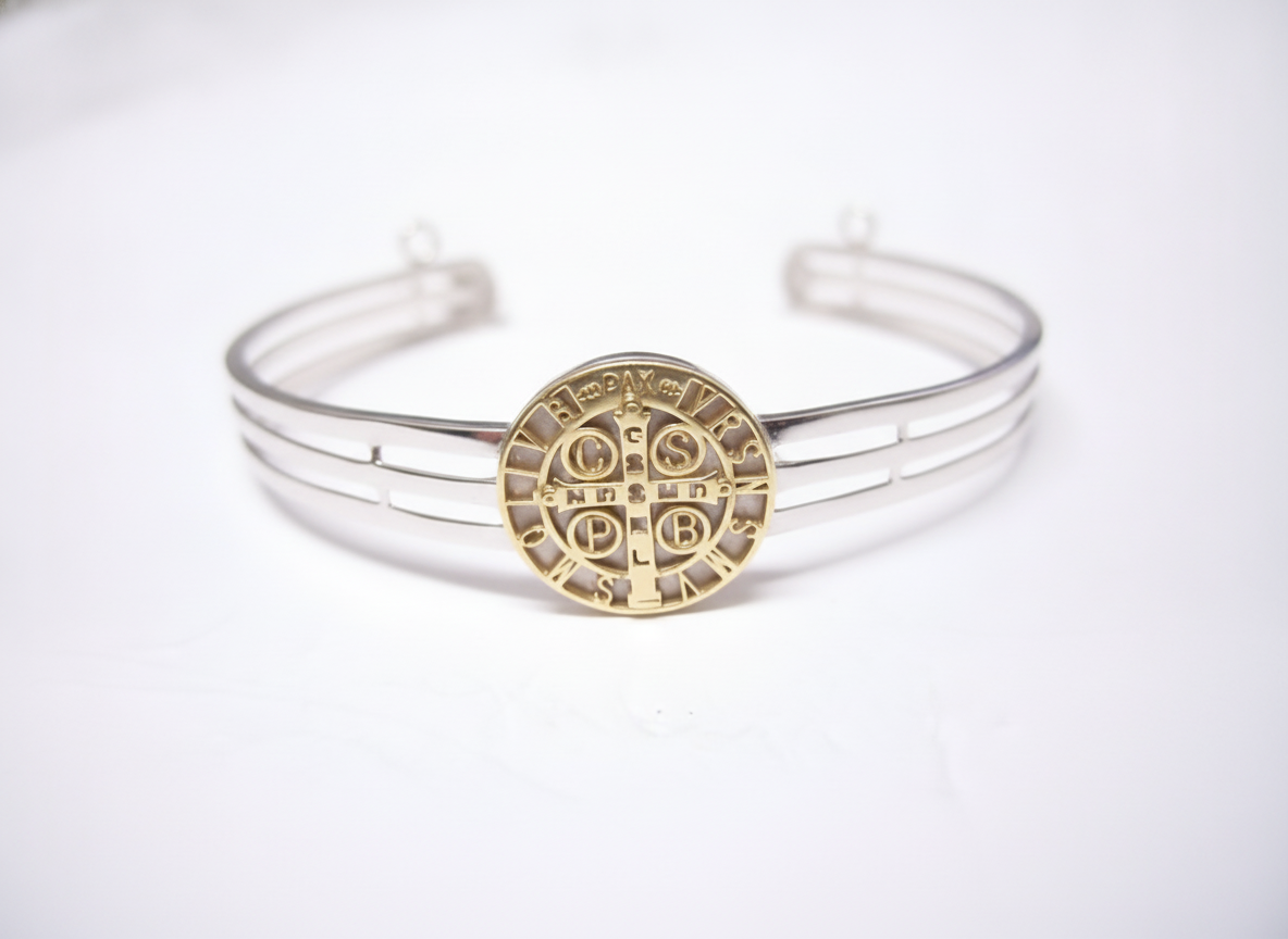 Pulseira Ouro Branco e Placa Ouro Amarelo Sao Bento