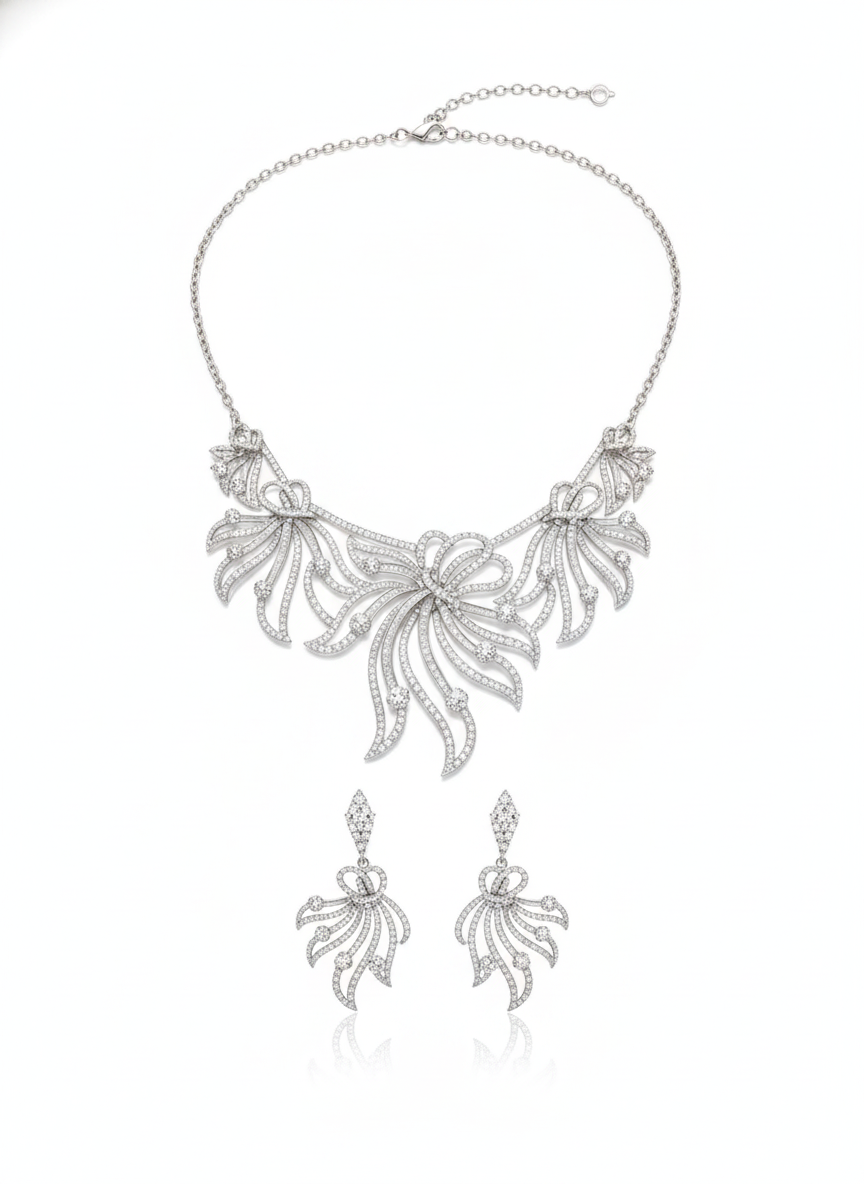 Colar e Brinco - Conjunto Ouro Branco Diamantes 11 Ct